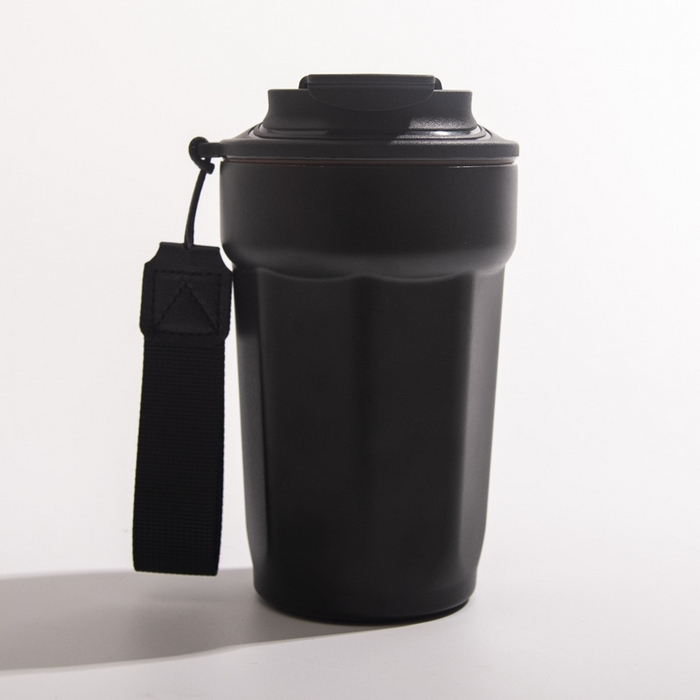 良品汇馆 2025新款日式无印双层咖啡杯良品不锈钢保温杯提绳运动休闲杯子双层真空杯 菱形杯-黑色 450ML