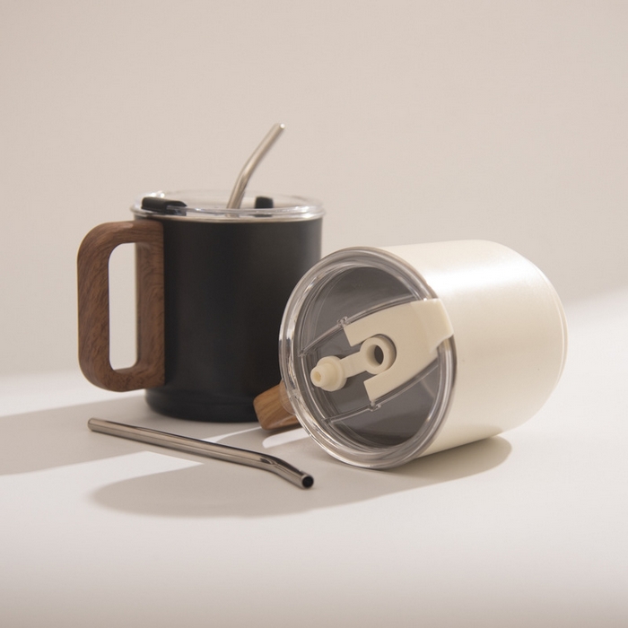 91家纺网 家纺一手货源 找家纺 良品汇馆 2025新款日式无印办公咖啡杯良品不锈钢带盖双层马克杯漱口杯子吸管耐高温 仿木柄-乳白 430ML