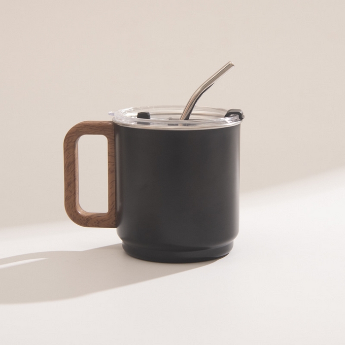 91家纺网 家纺一手货源 找家纺 良品汇馆 2025新款日式无印办公咖啡杯良品不锈钢带盖双层马克杯漱口杯子吸管耐高温 仿木柄-耀黑 430ML