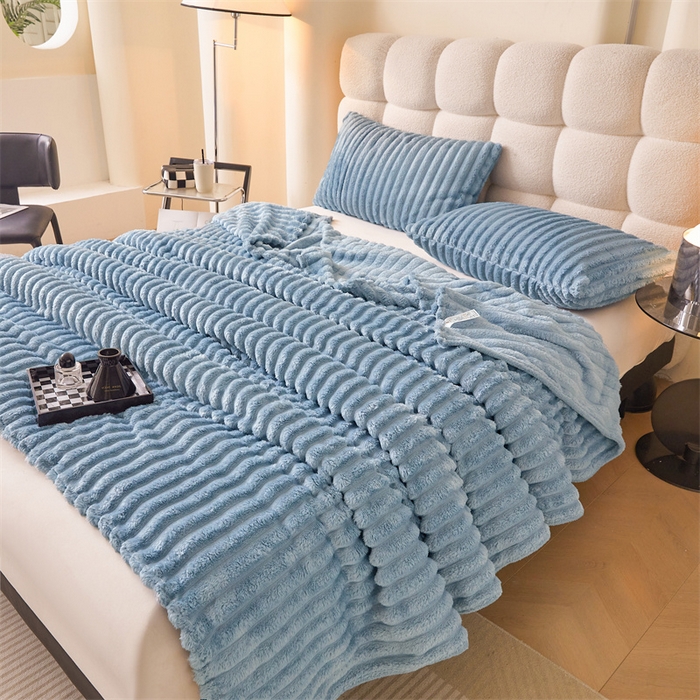 91家纺网 家纺一手货源 找家纺 合纵跨境工厂 2025新款兔毛绒法兰绒贝贝绒毛毯跨境外贸JIT一件代发TEMU亚马逊希音包过核价抽条毛毯 晴空蓝