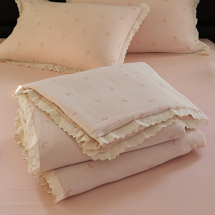 91家纺网 家纺一手货源 找家纺 良品汇馆 2025新款日式无印全棉双层纱蚕丝夏被良品星星月亮夏凉被夏季被子空调被芯 星语星愿-灰蓝