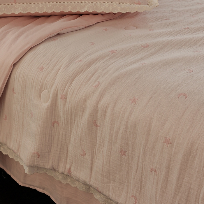 91家纺网 家纺一手货源 找家纺 良品汇馆 2025新款日式无印全棉双层纱蚕丝夏被良品星星月亮夏凉被夏季被子空调被芯 星语星愿-粉