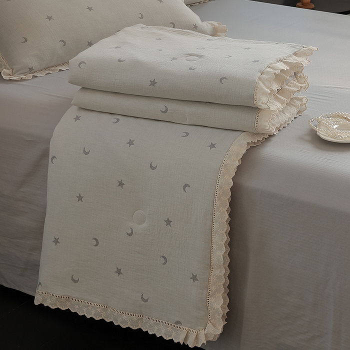 91家纺网 家纺一手货源 找家纺 良品汇馆 2025新款日式无印全棉双层纱蚕丝夏被良品星星月亮夏凉被夏季被子空调被芯 星语星愿-奶咖