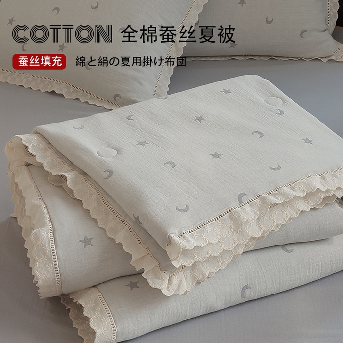 91家纺网 家纺一手货源 找家纺 良品汇馆 2025新款日式无印全棉双层纱蚕丝夏被良品星星月亮夏凉被夏季被子空调被芯 星语星愿-奶咖