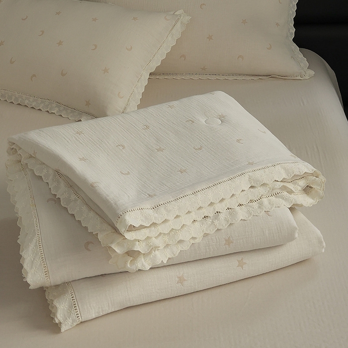 91家纺网 家纺一手货源 找家纺 良品汇馆 2025新款日式无印全棉双层纱蚕丝夏被良品星星月亮夏凉被夏季被子空调被芯 星语星愿-奶咖