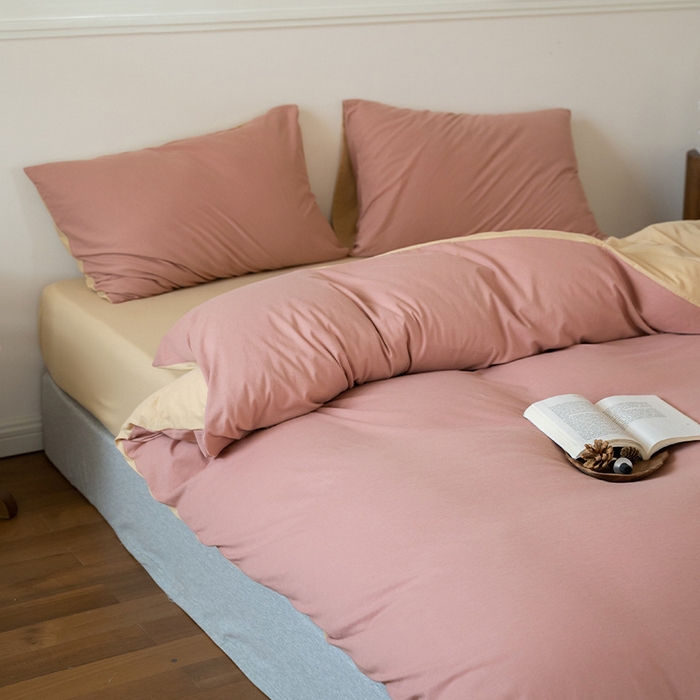 91家纺网 家纺一手货源 找家纺 良品汇馆 2025新款无印西川良品拼色天竺棉纯棉针织棉四件套纯色拼色新疆天竺棉裸睡全棉日式 紫粉+奶茶