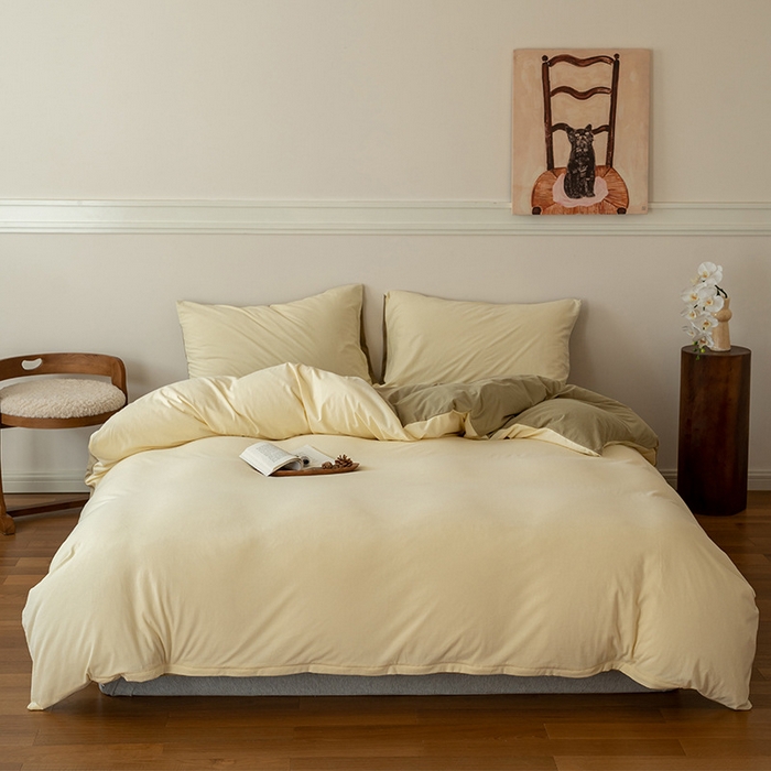 91家纺网 家纺一手货源 找家纺 良品汇馆 2025新款无印西川良品拼色天竺棉纯棉针织棉四件套纯色拼色新疆天竺棉裸睡全棉日式 紫粉+奶茶