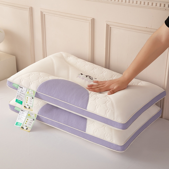 91家纺网 家纺一手货源 找家纺 珍贝家纺 2024新款A类凉感丝熊猫呼呼枕芯护颈枕头 熊猫呼呼-紫色 48x74cm/只