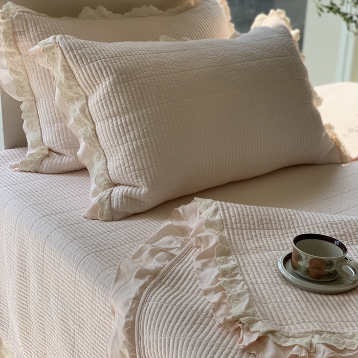 91家纺网 家纺一手货源 找家纺 汇庭 2025春夏新款美心床盖三件套系列 爱心杏粉