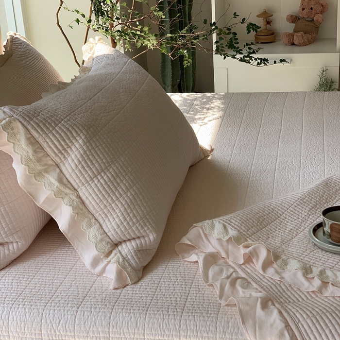 91家纺网 家纺一手货源 找家纺 汇庭 2025春夏新款美心床盖三件套系列 爱心杏粉