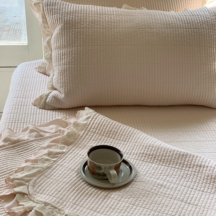 91家纺网 家纺一手货源 找家纺 汇庭 2025春夏新款美心床盖三件套系列 爱心杏粉