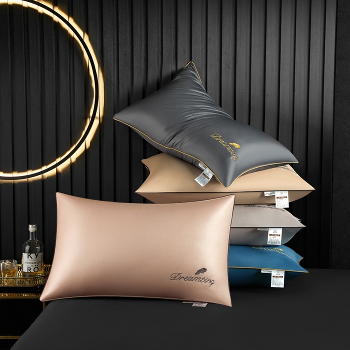 91家纺网 家纺一手货源 找家纺 合纵跨境工厂 2025新款纯色专版花型枕芯跨境外贸JIT一件代发TEMU亚马逊希音包过核价冰丝刺绣羽丝枕头 山灰 单边48x74cm中枕