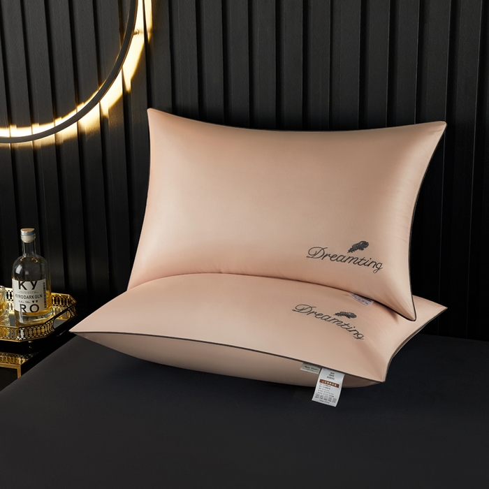 合纵跨境工厂 2025新款纯色专版花型枕芯跨境外贸JIT一件代发TEMU亚马逊希音包过核价冰丝刺绣羽丝枕头 浅豆沙 单边48x74cm高枕