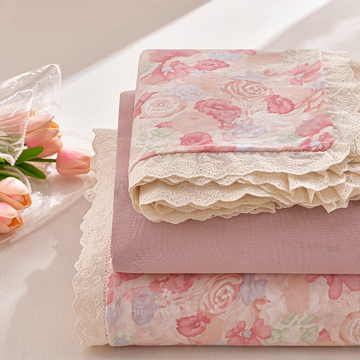 绘萱家居 2026春夏新款纯棉100%全棉双层纱镂空花边工艺款床裙四件套 CQ花叮