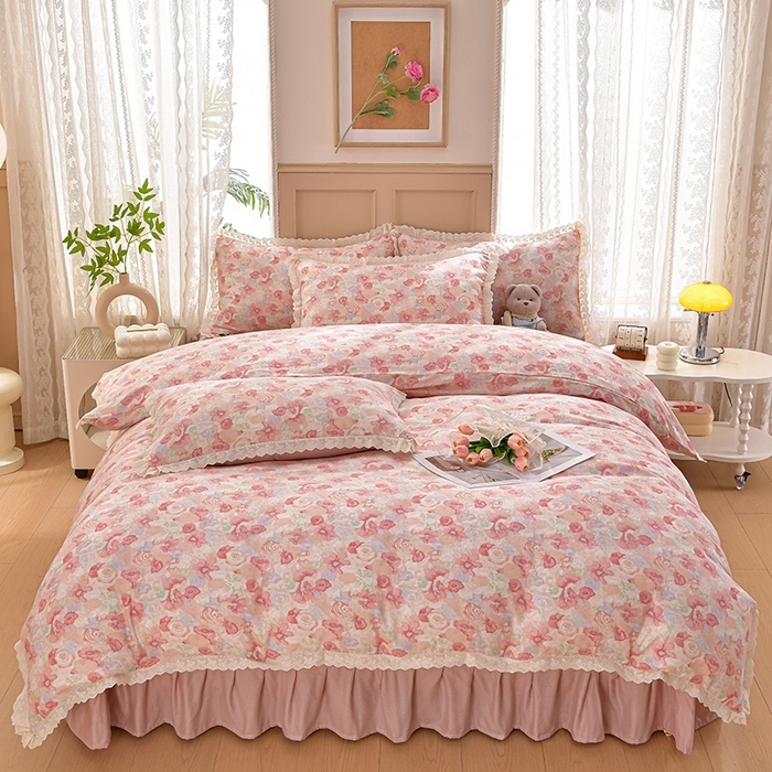 91家纺网 家纺一手货源 找家纺 绘萱家居 2026春夏新款纯棉100%全棉双层纱镂空花边工艺款床裙四件套 CQ花叮