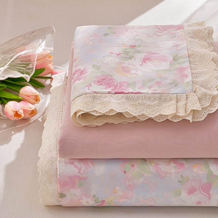 绘萱家居 2026春夏新款纯棉100%全棉双层纱镂空花边工艺款床裙四件套 CQ黎明心境