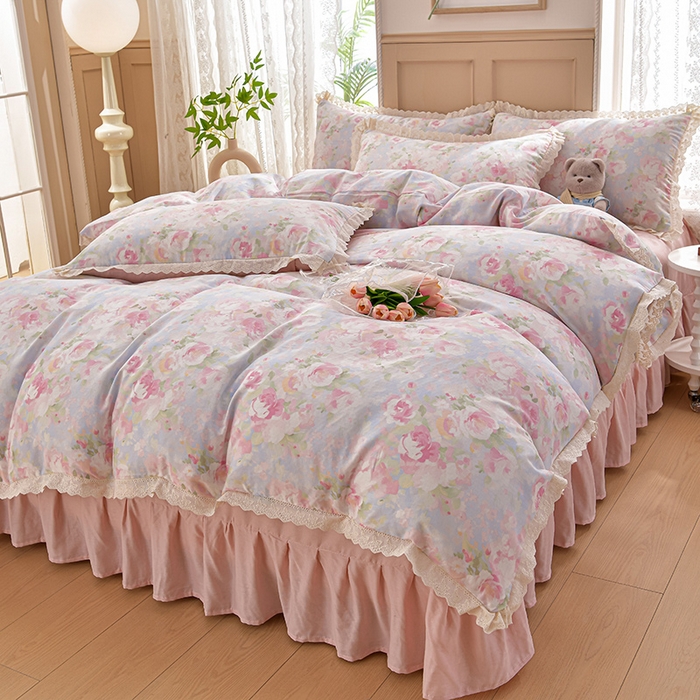 91家纺网 家纺一手货源 找家纺 绘萱家居 2026春夏新款纯棉100%全棉双层纱镂空花边工艺款床裙四件套 CQ黎明心境