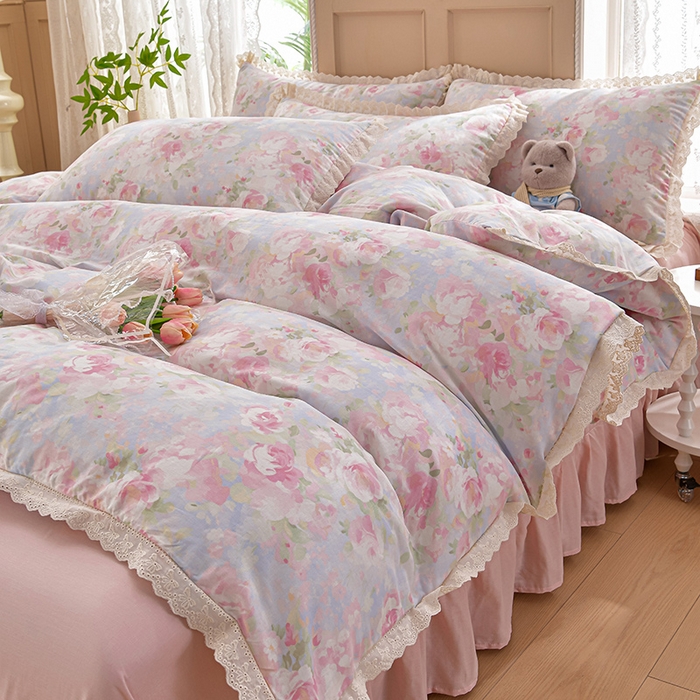 91家纺网 家纺一手货源 找家纺 绘萱家居 2026春夏新款纯棉100%全棉双层纱镂空花边工艺款床裙四件套 CQ黎明心境