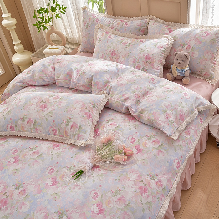 91家纺网 家纺一手货源 找家纺 绘萱家居 2026春夏新款纯棉100%全棉双层纱镂空花边工艺款床裙四件套 CQ黎明心境