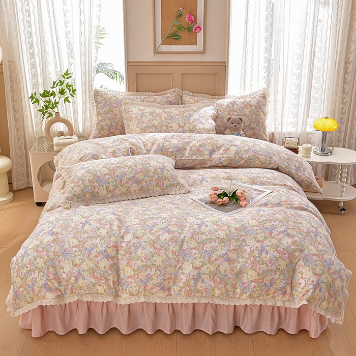 91家纺网 家纺一手货源 找家纺 绘萱家居 2026春夏新款纯棉100%全棉双层纱镂空花边工艺款床裙四件套 CQ暖阳绿意