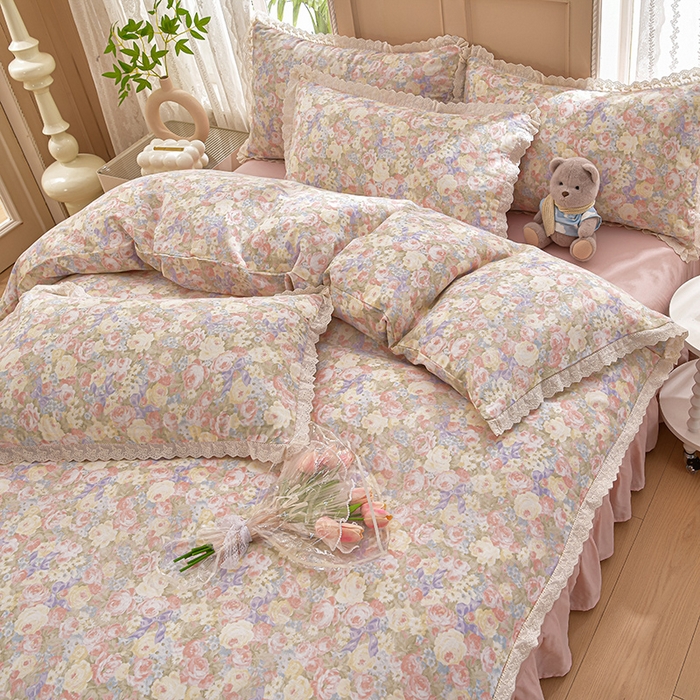 91家纺网 家纺一手货源 找家纺 绘萱家居 2026春夏新款纯棉100%全棉双层纱镂空花边工艺款床裙四件套 CQ暖阳绿意