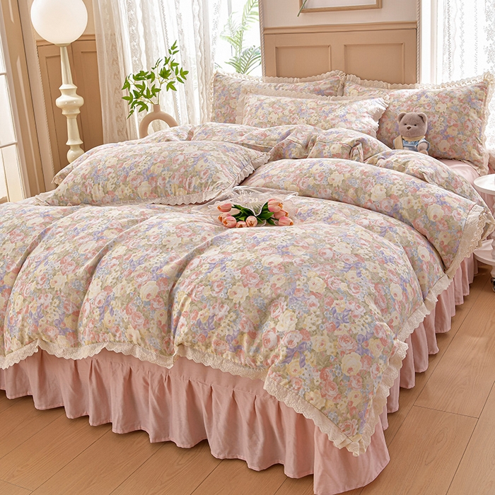 91家纺网 家纺一手货源 找家纺 绘萱家居 2026春夏新款纯棉100%全棉双层纱镂空花边工艺款床裙四件套 CQ暖阳绿意