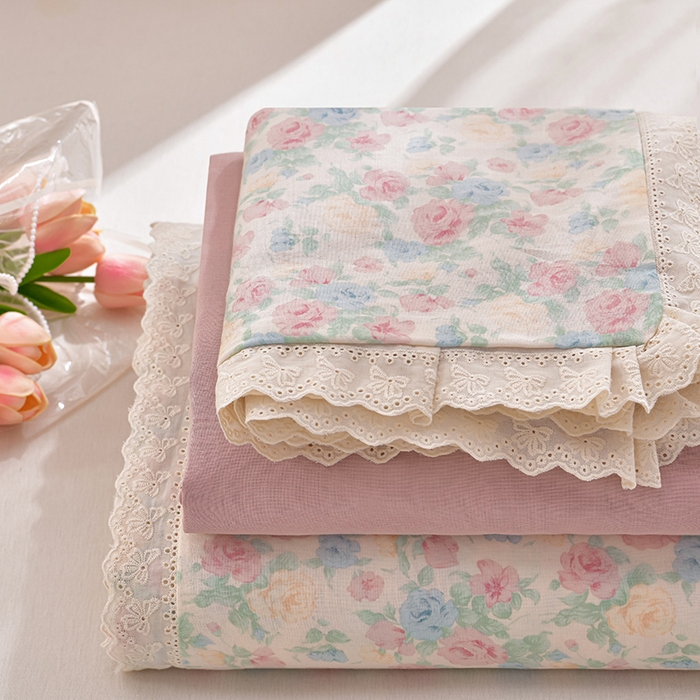 绘萱家居 2026春夏新款纯棉100%全棉双层纱镂空花边工艺款床裙四件套 CQ佩洛斯