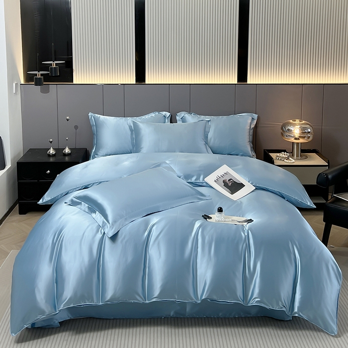 91家纺网 家纺一手货源 找家纺 合纵跨境工厂 新款水洗真丝纯色四件套跨境外贸JIT一件代发TEMU亚马逊希音包过核价冰丝床单款床笠款四件套 天蓝