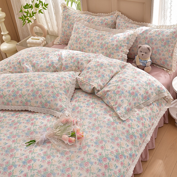 91家纺网 家纺一手货源 找家纺 绘萱家居 2026春夏新款纯棉100%全棉双层纱镂空花边工艺款床裙四件套 CQ佩洛斯