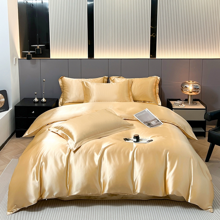 91家纺网 家纺一手货源 找家纺 合纵跨境工厂 新款水洗真丝纯色四件套跨境外贸JIT一件代发TEMU亚马逊希音包过核价冰丝床单款床笠款四件套 驼色