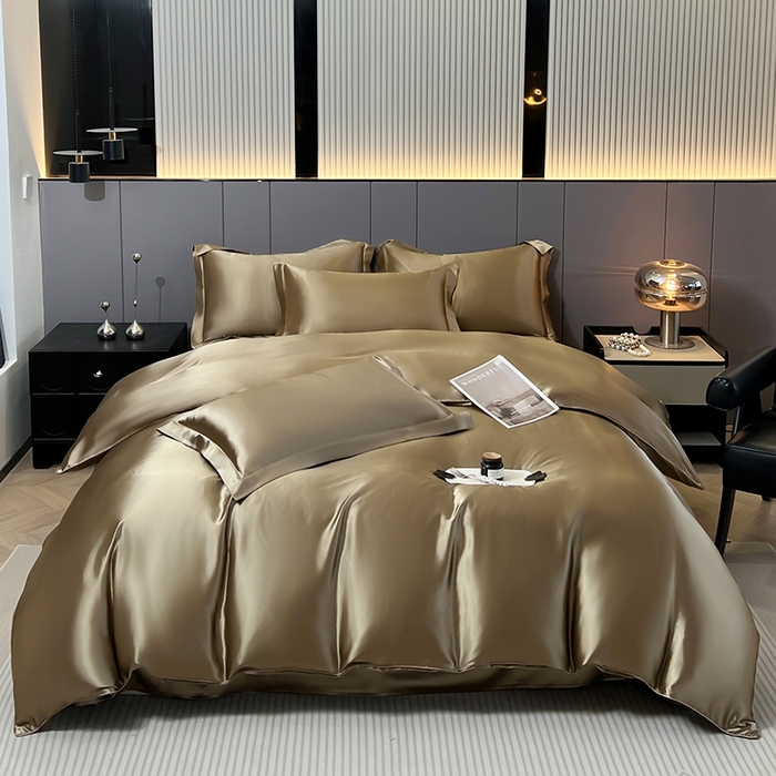 91家纺网 家纺一手货源 找家纺 合纵跨境工厂 新款水洗真丝纯色四件套跨境外贸JIT一件代发TEMU亚马逊希音包过核价冰丝床单款床笠款四件套 香槟金