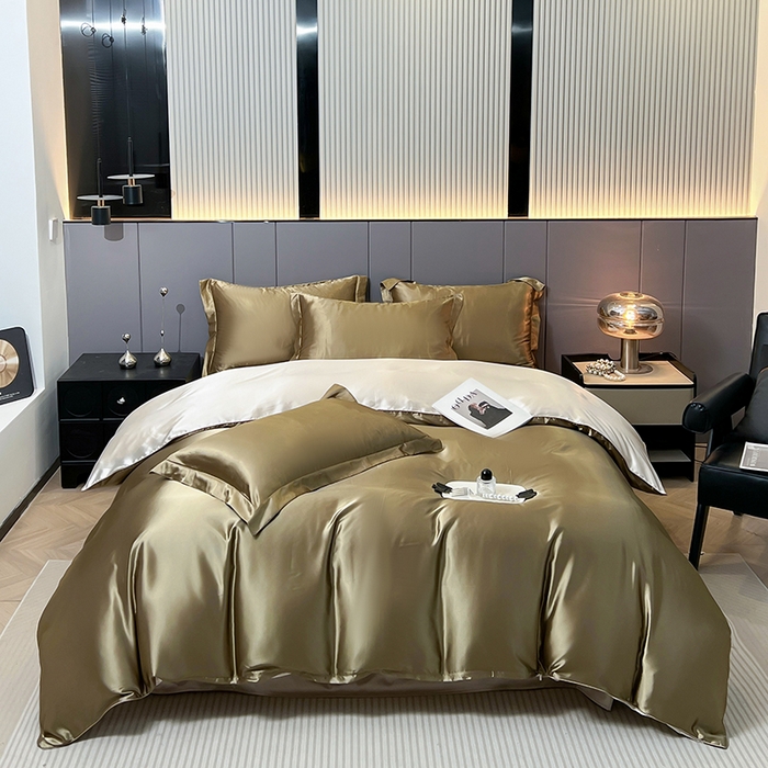 91家纺网 家纺一手货源 找家纺 合纵跨境工厂 新款水洗真丝纯色四件套跨境外贸JIT一件代发TEMU亚马逊希音包过核价冰丝床单款床笠款四件套 香槟拼米