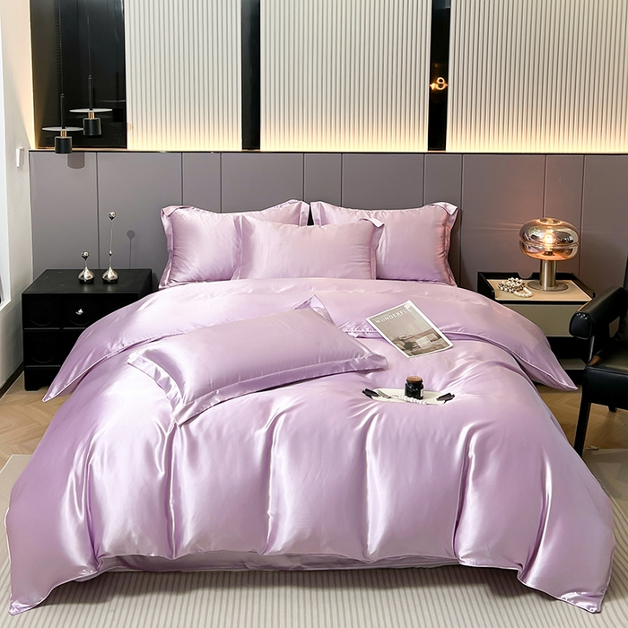 91家纺网 家纺一手货源 找家纺 合纵跨境工厂 新款水洗真丝纯色四件套跨境外贸JIT一件代发TEMU亚马逊希音包过核价冰丝床单款床笠款四件套 香芋紫