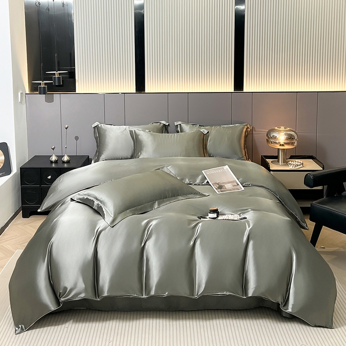 91家纺网 家纺一手货源 找家纺 合纵跨境工厂 新款水洗真丝纯色四件套跨境外贸JIT一件代发TEMU亚马逊希音包过核价冰丝床单款床笠款四件套 银灰