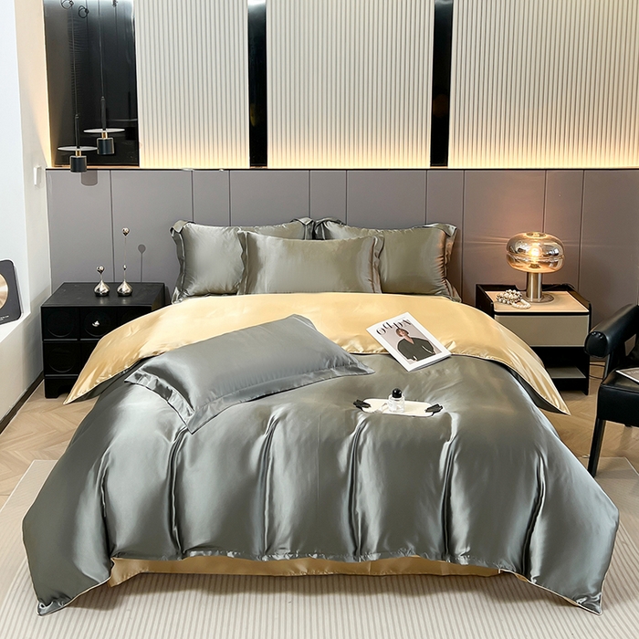 91家纺网 家纺一手货源 找家纺 合纵跨境工厂 新款水洗真丝纯色四件套跨境外贸JIT一件代发TEMU亚马逊希音包过核价冰丝床单款床笠款四件套 银灰驼