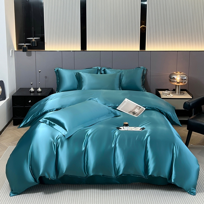 91家纺网 家纺一手货源 找家纺 合纵跨境工厂 新款水洗真丝纯色四件套跨境外贸JIT一件代发TEMU亚马逊希音包过核价冰丝床单款床笠款四件套 月光蓝