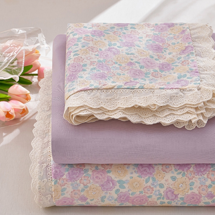 绘萱家居 2026春夏新款纯棉100%全棉双层纱镂空花边工艺款床裙四件套 CQ森林与海米