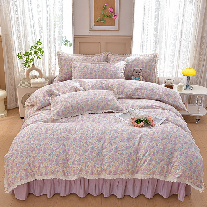 91家纺网 家纺一手货源 找家纺 绘萱家居 2026春夏新款纯棉100%全棉双层纱镂空花边工艺款床裙四件套 CQ森林与海米