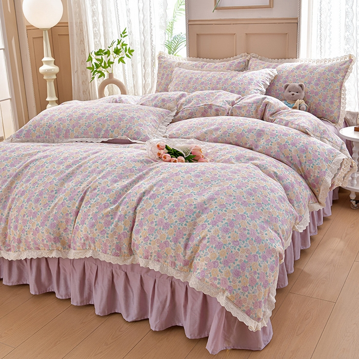 91家纺网 家纺一手货源 找家纺 绘萱家居 2026春夏新款纯棉100%全棉双层纱镂空花边工艺款床裙四件套 CQ森林与海米