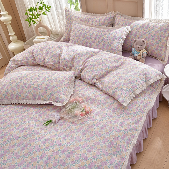 91家纺网 家纺一手货源 找家纺 绘萱家居 2026春夏新款纯棉100%全棉双层纱镂空花边工艺款床裙四件套 CQ森林与海米