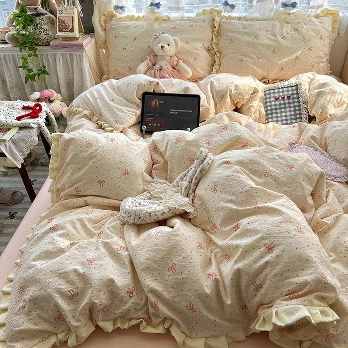 原素 2025少女心云感双层纱皱皱边花卉四件套 波点蝴蝶结