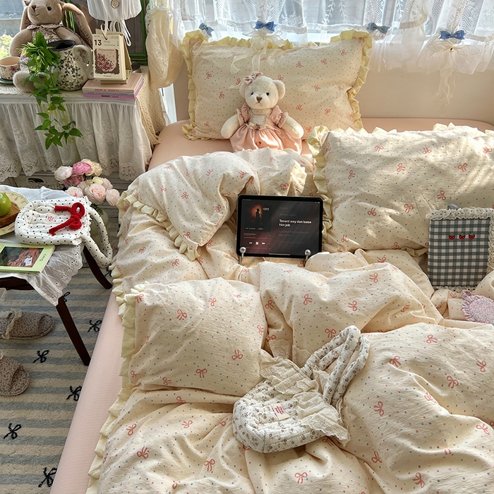 91家纺网 家纺一手货源 找家纺 原素 2025少女心云感双层纱皱皱边花卉四件套 波点蝴蝶结