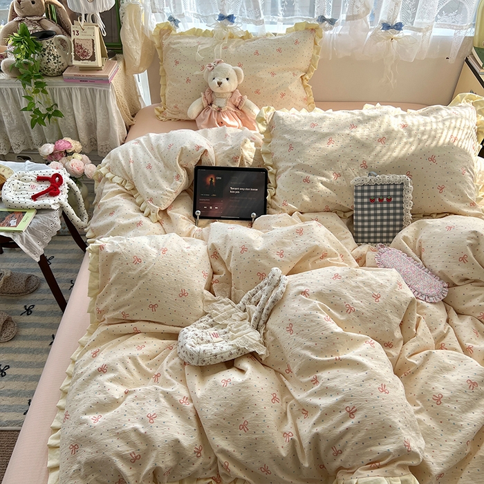 91家纺网 家纺一手货源 找家纺 原素 2025少女心云感双层纱皱皱边花卉四件套 波点蝴蝶结