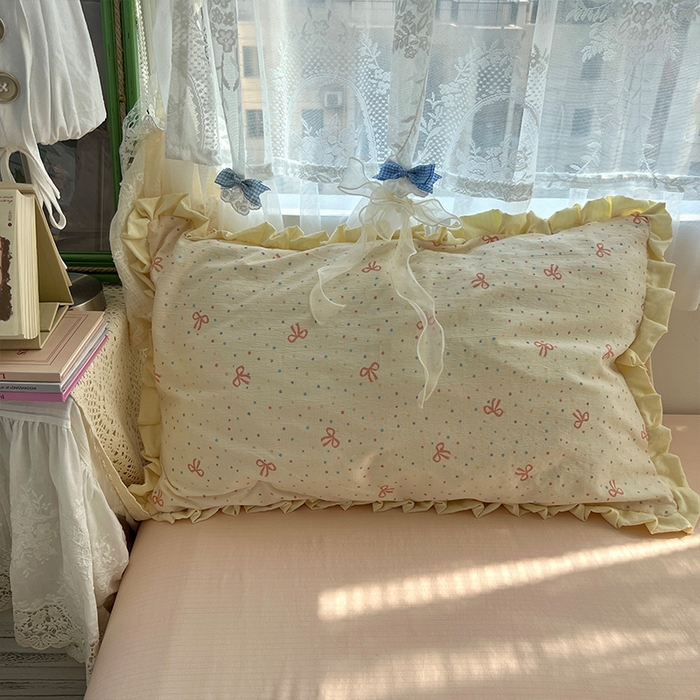 91家纺网 家纺一手货源 找家纺 原素 2025少女心云感双层纱皱皱边花卉四件套 波点蝴蝶结