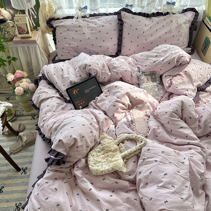 原素 2025少女心云感双层纱皱皱边花卉四件套 蝴蝶结紫