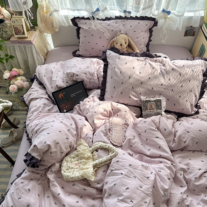 91家纺网 家纺一手货源 找家纺 原素 2025少女心云感双层纱皱皱边花卉四件套 蝴蝶结紫