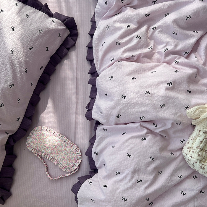 91家纺网 家纺一手货源 找家纺 原素 2025少女心云感双层纱皱皱边花卉四件套 蝴蝶结紫