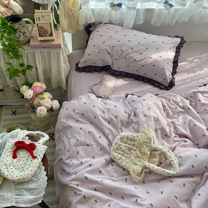 91家纺网 家纺一手货源 找家纺 原素 2025少女心云感双层纱皱皱边花卉四件套 蝴蝶结紫