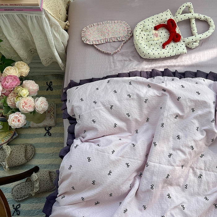 91家纺网 家纺一手货源 找家纺 原素 2025少女心云感双层纱皱皱边花卉四件套 蝴蝶结紫