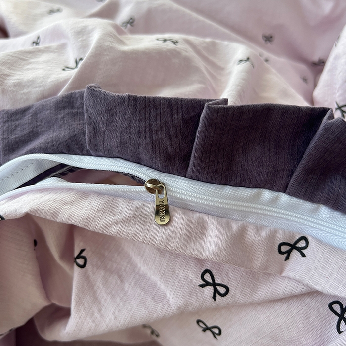 91家纺网 家纺一手货源 找家纺 原素 2025少女心云感双层纱皱皱边花卉四件套 蝴蝶结紫